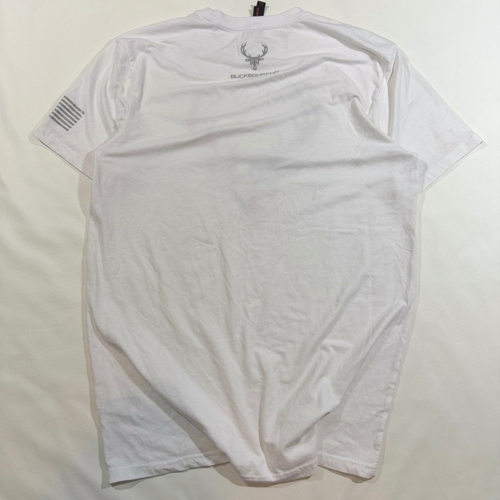 Bucked Up T-Shirt Mens XL White Good Patriotic American Flag Deer Antler Logo - Picture 2 of 6